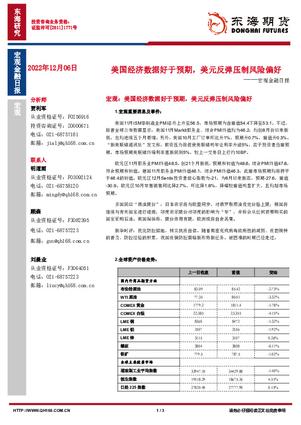 宏观金融日报：美国经济数据好于预期，美元反弹压制风险偏好