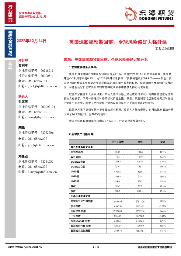 宏观金融日报：美国通胀超预期回落，全球风险偏好大幅升温