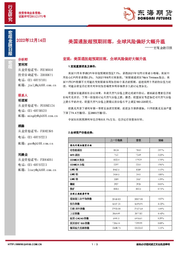 宏观金融日报：美国通胀超预期回落，全球风险偏好大幅升温