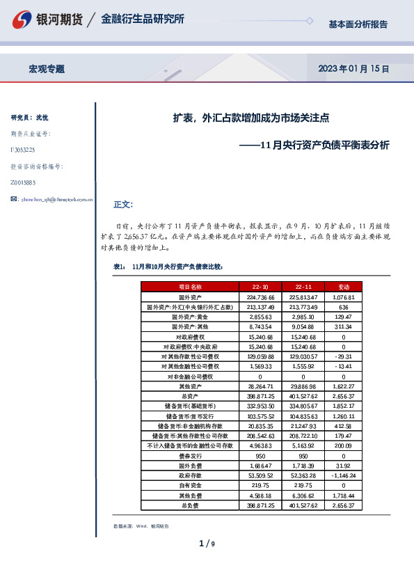 11月央行资产负债平衡表分析：扩表，外汇占款增加成为市场关注点