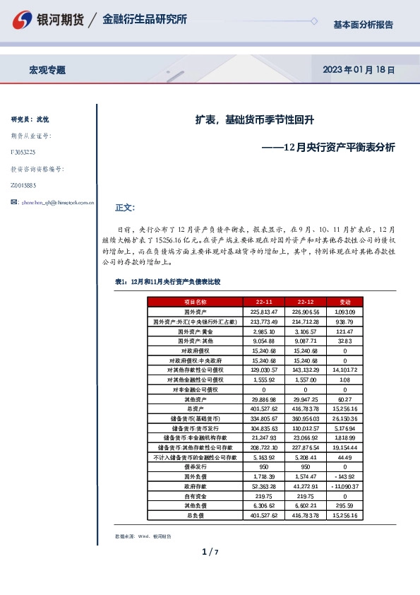 12月央行资产平衡表分析：扩表，基础货币季节性回升