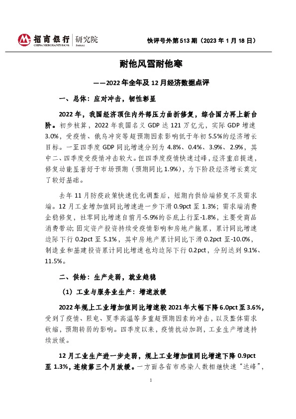 快评号外第513期：2022年全年及12月经济数据点评-耐他风雪耐他寒