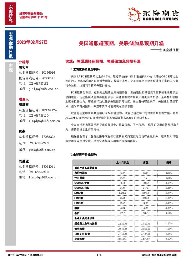 宏观金融日报：美国通胀超预期，美联储加息预期升温