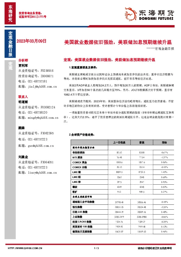 宏观金融日报：美国就业数据依旧强劲，美联储加息预期继续升温