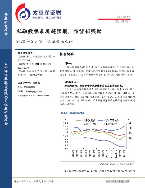2023年2月货币金融数据点评：社融数据表现超预期，信贷仍强劲