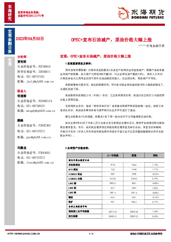 宏观金融日报：OPEC+宣布石油减产，原油价格大幅上涨