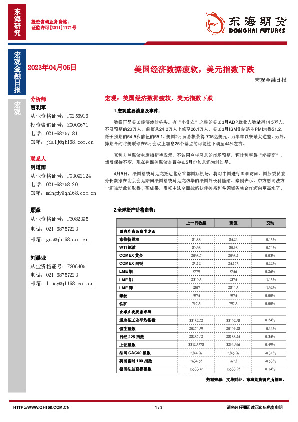 宏观金融日报：美国经济数据疲软，美元指数下跌