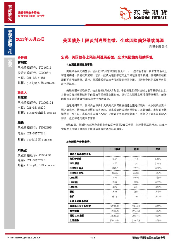 宏观金融日报：美国债务限谈判进展甚微，全球风险偏好继续降温