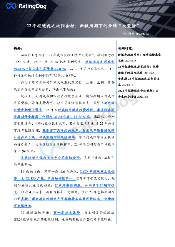 22年报透视之咸阳金控：面板周期下的业绩“大变脸”