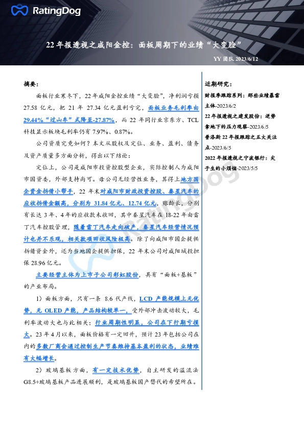 22年报透视之咸阳金控：面板周期下的业绩“大变脸”