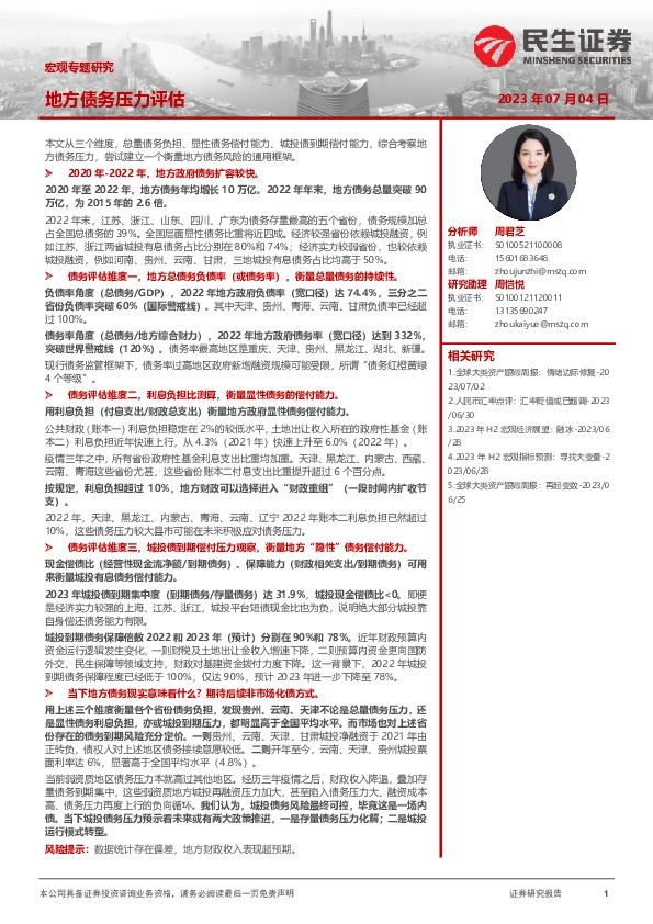 宏观专题研究：地方债务压力评估