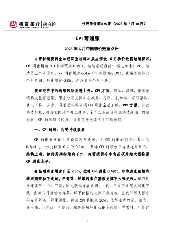 快评号外第575期：2023年6月中国物价数据点评-CPI零通胀