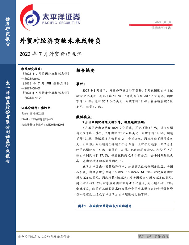 2023年7月外贸数据点评：外贸对经济贡献未来或转负