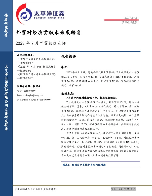 2023年7月外贸数据点评：外贸对经济贡献未来或转负