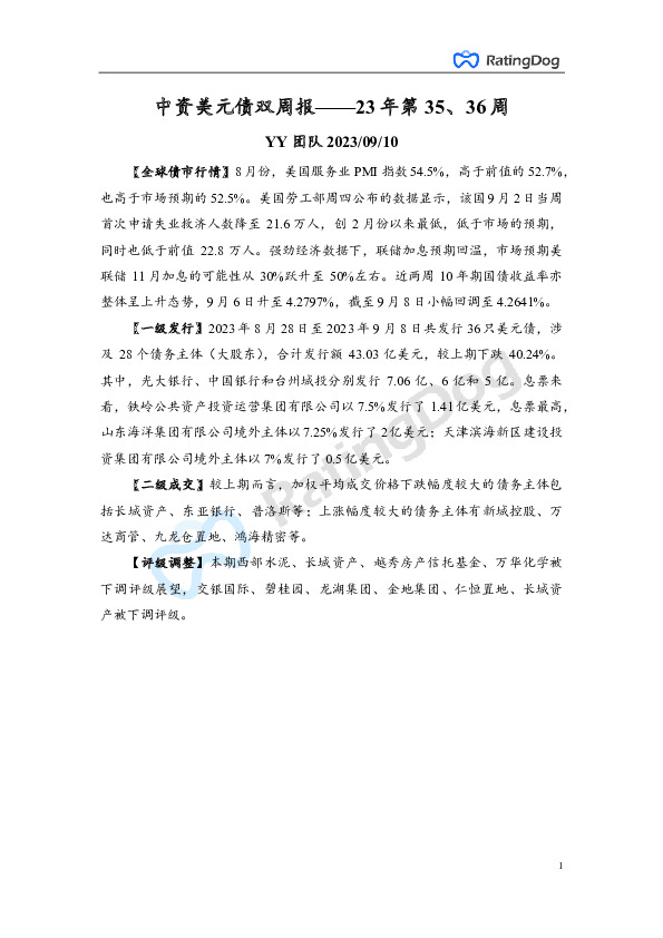 中资美元债双周报——23年第35、36周