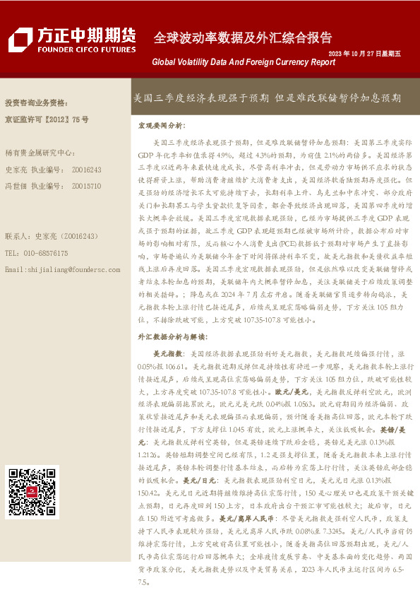 全球波动率数据及外汇综合报告：美国三季度经济表现强于预期 但是难改联储暂停加息预期