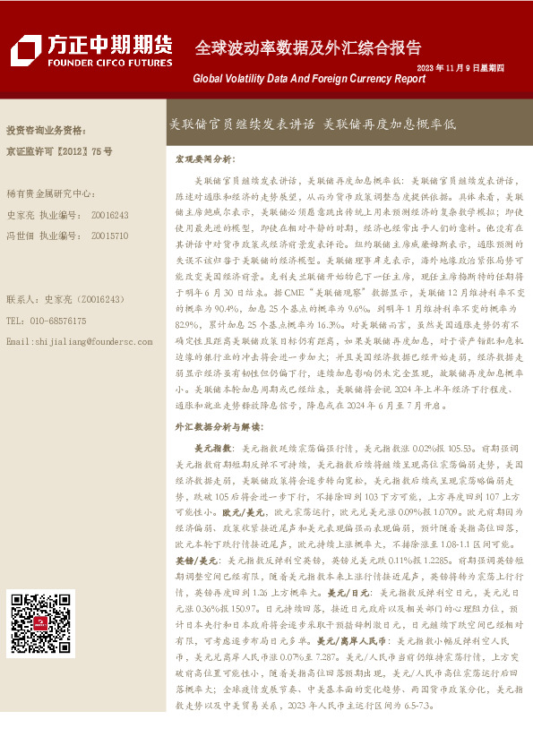 全球波动率数据及外汇综合报告：美联储官员继续发表讲话 美联储再度加息概率低