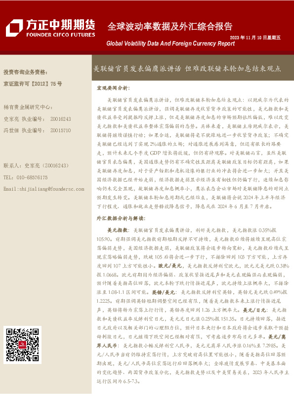 全球波动率数据及外汇综合报告：美联储官员发表偏鹰派讲话 但难改联储本轮加息结束观点