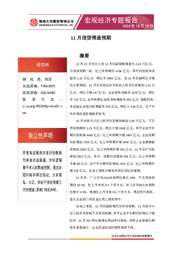 宏观经济专题报告：11月信贷稍逊预期