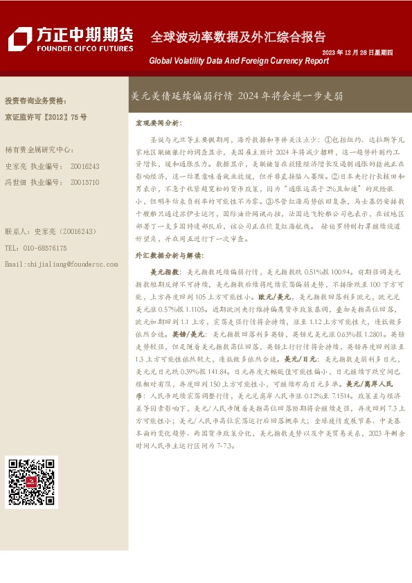 全球波动率数据及外汇综合报告：美元美债延续偏弱行情 2024年将会进一步走弱