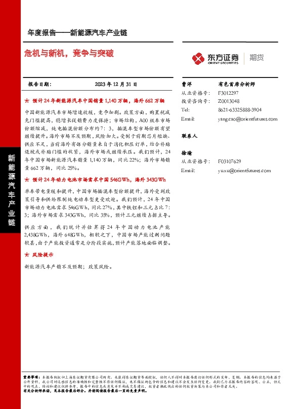 新能源汽车产业链年度报告：危机与新机，竞争与突破