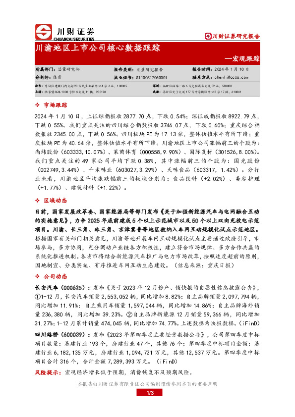 宏观跟踪：川渝地区上市公司核心数据跟踪
