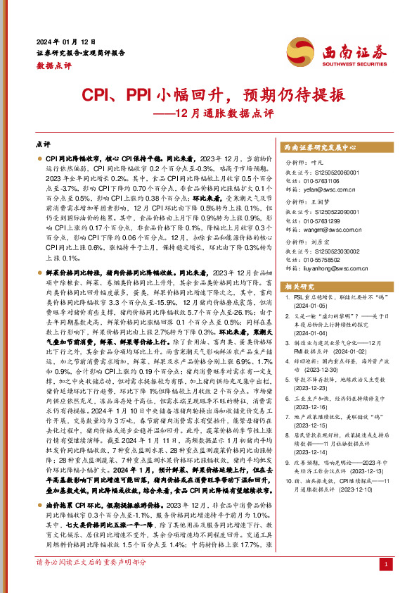 12月通胀数据点评：CPI、PPI小幅回升，预期仍待提振