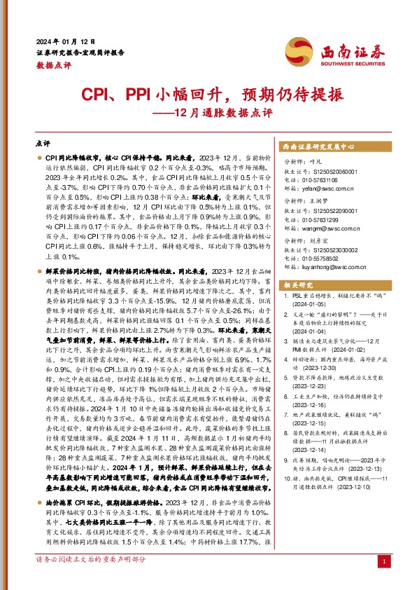 12月通胀数据点评：CPI、PPI小幅回升，预期仍待提振