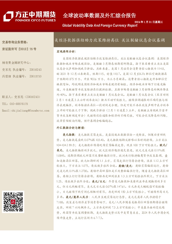 全球波动率数据及外汇综合报告：美经济数据强劲助力政策维持高位 关注联储议息会议基调