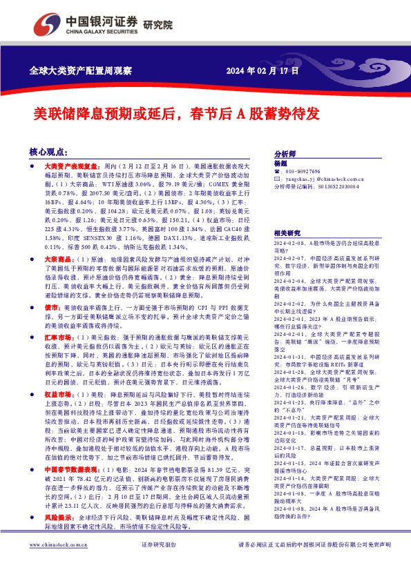 全球大类资产配置周观察：美联储降息预期或延后，春节后A股蓄势待发