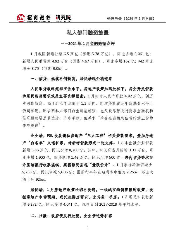2024年1月金融数据点评：私人部门融资放量