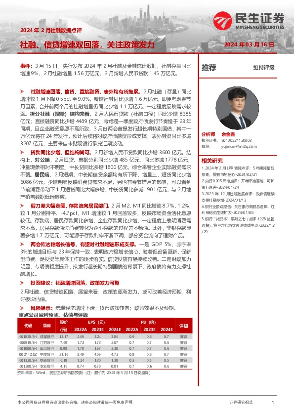 2024年2月社融数据点评：社融、信贷增速双回落，关注政策发力