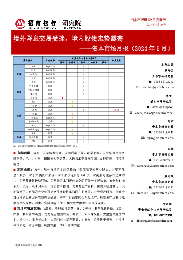 资本市场月报（2024年5月）：境外降息交易受挫，境内股债走势震荡