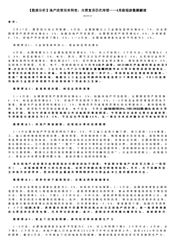 【数据分析】地产政策迎来转变，内需复苏仍在持续——4月份经济数据解读