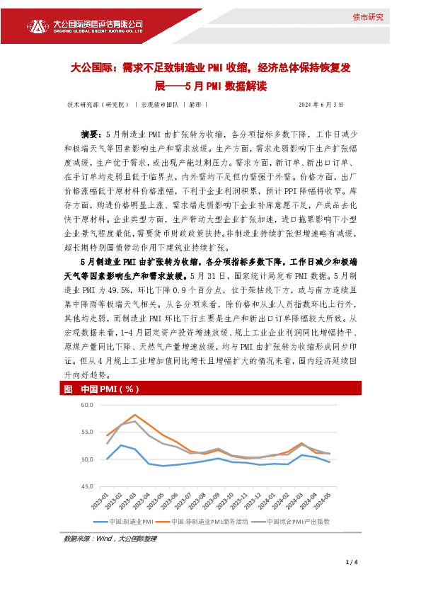 5月PMI数据解读：大公国际：需求不足致制造业PMI收缩，经济总体保持恢复发展