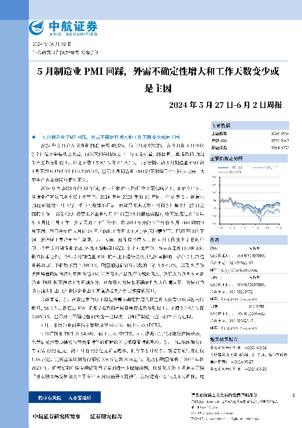 2024年5月27日-6月2日周报：5月制造业PMI回踩，外需不确定性增大和工作天数变少或是主因