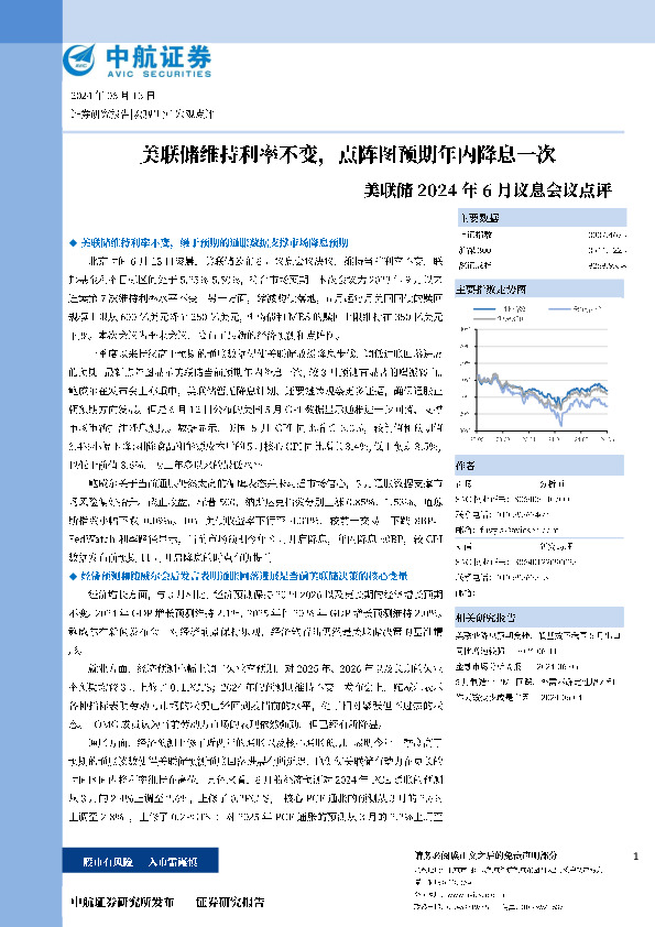 美联储2024年6月议息会议点评：美联储维持利率不变，点阵图预期年内降息一次