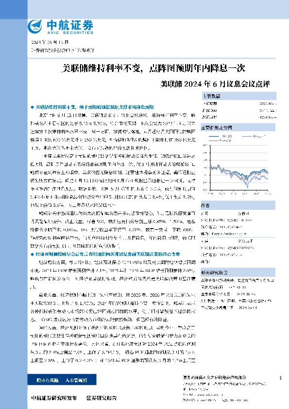 美联储2024年6月议息会议点评：美联储维持利率不变，点阵图预期年内降息一次