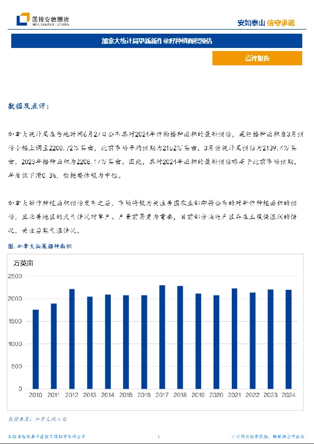 点评报告：加拿大统计局更新新作菜籽种植面积预估