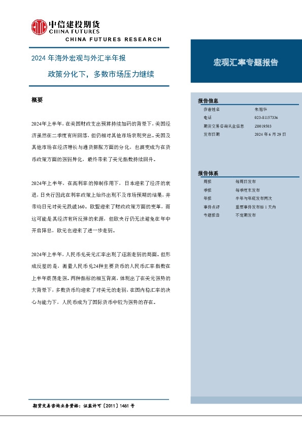2024年海外宏观与外汇半年报：政策分化下，多数市场压力继续