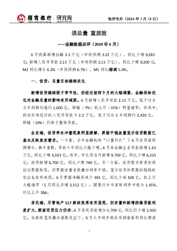 快评号外：金融数据点评（2024年6月）-淡总量 重质效