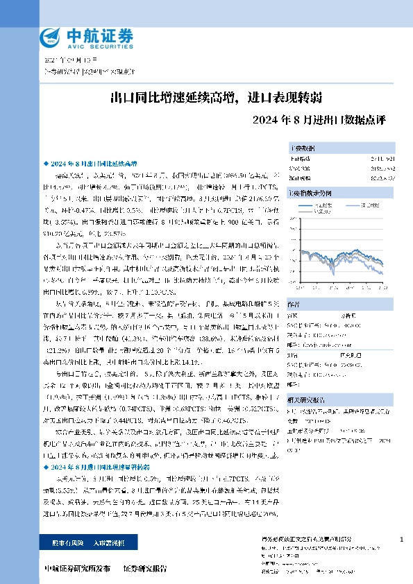2024年8月进出口数据点评：出口同比增速延续高增，进口表现转弱