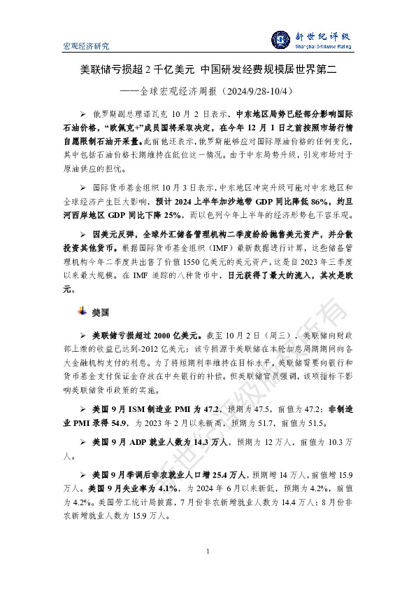 全球宏观经济周报：美联储亏损超2千亿美元 中国研发经费规模居世界第二