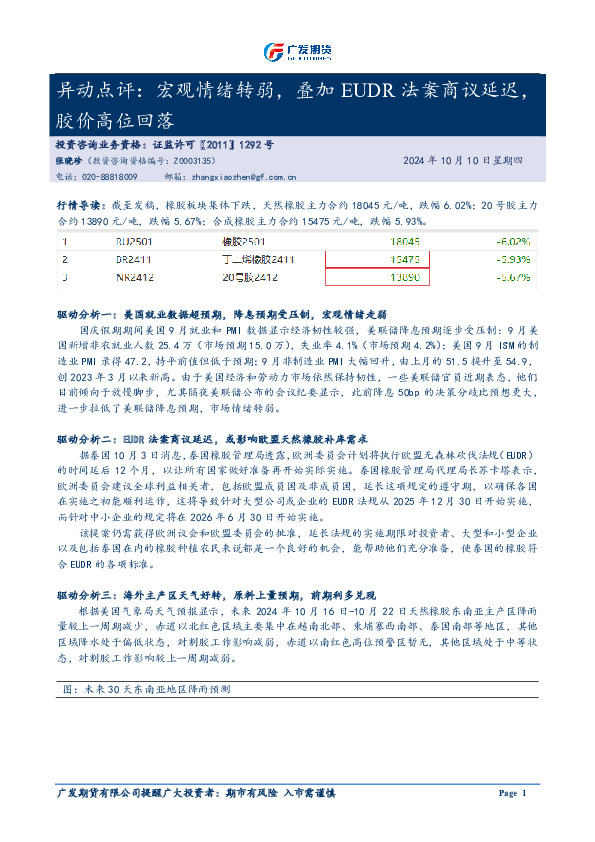 异动点评：宏观情绪转弱，叠加EUDR法案商议延迟，胶价高位回落