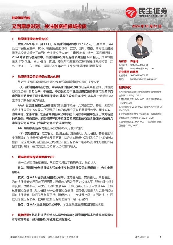 融资担保专题：又到票息时刻，关注融资担保城投债