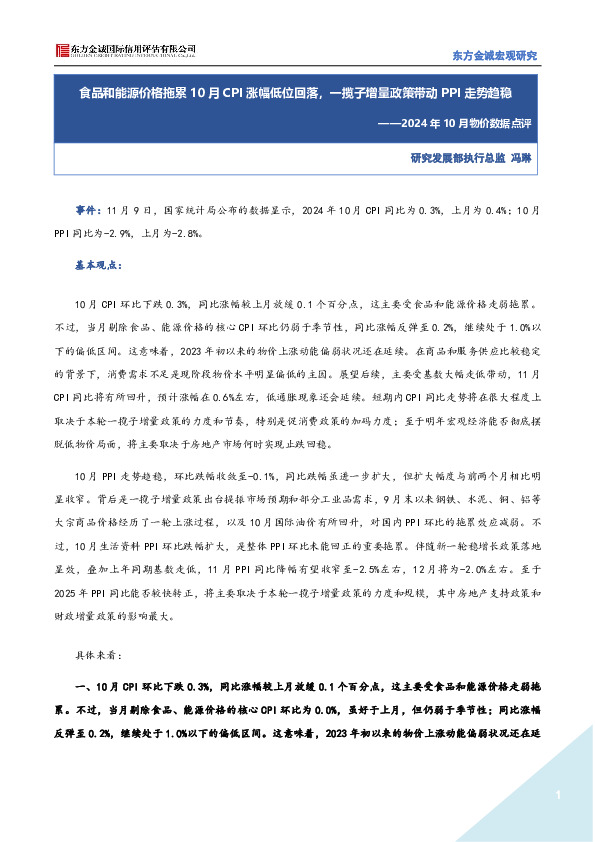 2024年10月物价数据点评：食品和能源价格拖累10月CPI涨幅低位回落，一揽子增量政策带动PPI走势趋稳