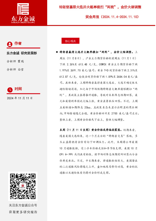 黄金周报：特朗普赢得大选并大概率横扫“两院”，金价大幅调整