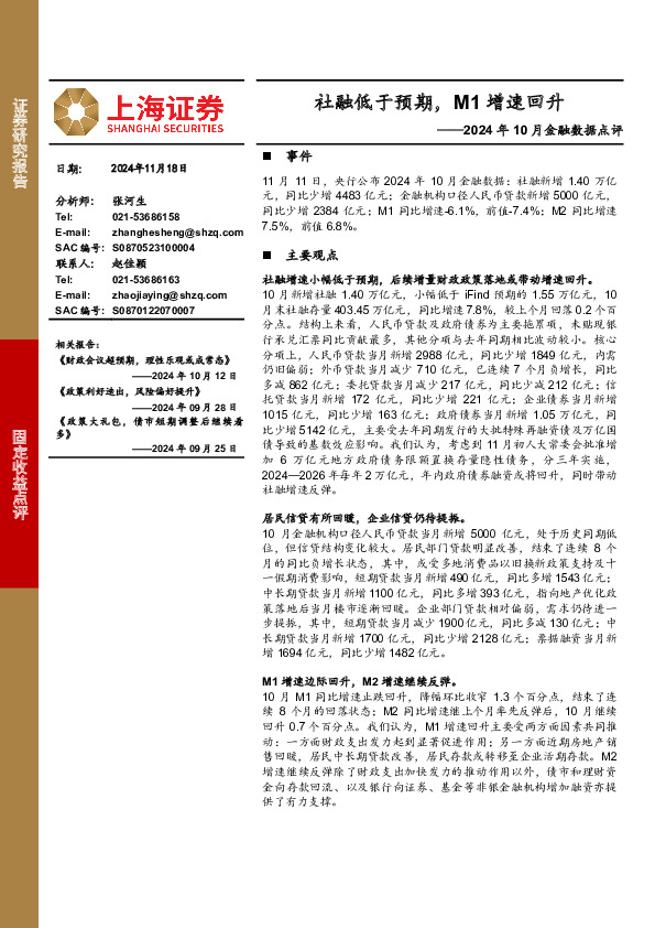2024年10月金融数据点评：社融低于预期，M1增速回升