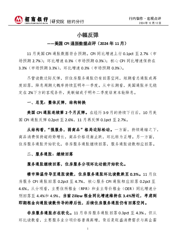 美国CPI通胀数据点评（2024年11月）：小幅反弹