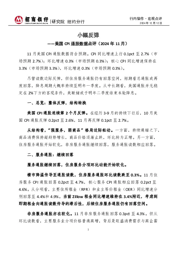 美国CPI通胀数据点评（2024年11月）：小幅反弹